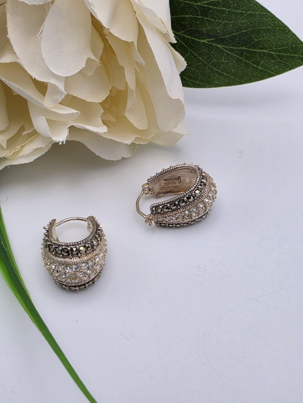 Sterling Silver Vintage Hoops with CZs And Pyrite  Embellisments